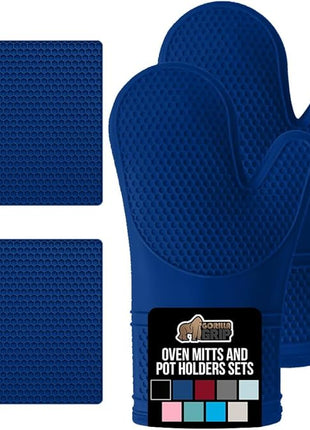 GORILLA GRIP BPA-Free Soft Silicone Oven Mitts and Pot Holders Sets of 4, Heat Resistant Waterproof Cooking Gloves, Thick Cotton Lining, Flexible Gripping for Baking Grilling, Kitchen Trivets, Blue