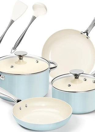 MICHELANGELO Pots and Pans Set Non Stick Ceramic Cookware Set, 8-Piece Nonstick Pots and Pans, Non-Toxic, Oven Safe & Compatible with All Stovetops - Blue