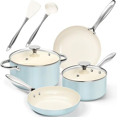 MICHELANGELO Pots and Pans Set Non Stick Ceramic Cookware Set, 8-Piece Nonstick Pots and Pans, Non-Toxic, Oven Safe & Compatible with All Stovetops - Blue