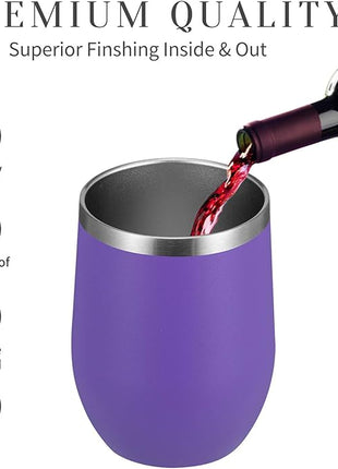 MEWAY 12oz/4 Pack Wine Tumbler Glasses with Lid - Stemless Double Wall Vacuum Stainless Steel Travel Tumbler - Keeping Cold & Hot for Wine,Coffee,Cocktails,Drinks-Family and Gifts (Purple,Set of 4)