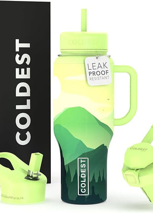 Coldest Tumbler with Handle and Straw - 100% Leak Proof Insulated Tumbler with Lid and Straw (3 Lids) - Stainless Steel Tumblers for Women & Men - Cup Holder Friendly Base, 36 oz (Happy Camper)