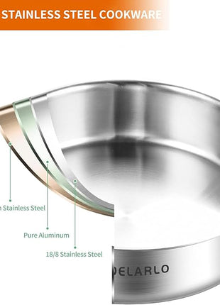 DELARLO Tri-Ply Stainless Steel Frying Pan,12 inch Skillet with Lid,6 Quart Saute Pan,Compatible with All Cooktops,Oven Up to 660℉,Chicken Fryer,Dishwasher-Friendly