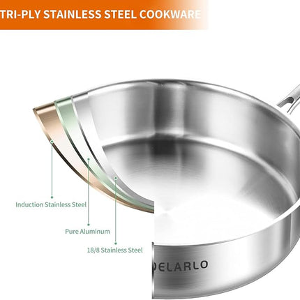 DELARLO Tri-Ply Stainless Steel Frying Pan,12 inch Skillet with Lid,6 Quart Saute Pan,Compatible with All Cooktops,Oven Up to 660℉,Chicken Fryer,Dishwasher-Friendly