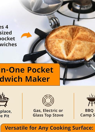 Handheld Sandwich Maker (Tid Bit), Portable Sandwich Grill & Panini Press, Cast Aluminum Pie Iron, 1945 Retro Stovetop & Campfire Toaster for Hot Sandwiches, Pies, Paninis, RV & Camping