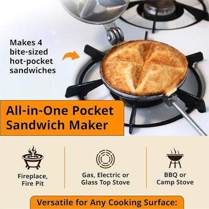Handheld Sandwich Maker (Tid Bit), Portable Sandwich Grill & Panini Press, Cast Aluminum Pie Iron, 1945 Retro Stovetop & Campfire Toaster for Hot Sandwiches, Pies, Paninis, RV & Camping