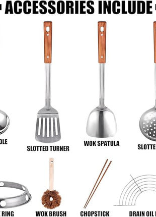 Carbon Steel Wok Traditional Hand Hammered - 13.4" Chinese Woks Round Bottom Wok Pan Set with 8 Pcs Cookware Accessories