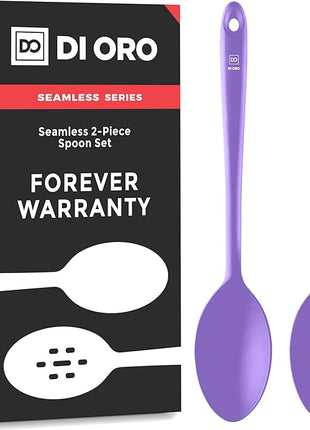 DI ORO Silicone Spoons for Cooking - Large Kitchen Spoons for Mixing, Serving & Stirring - 600°F Heat-Resistant Non Stick Utensils – Big Solid & Slotted Basting Spoon - Dishwasher Safe (2pc, Lavender)