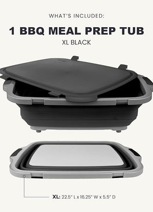 Drip EZ Collapsible BBQ Prep Tub - for Meal Prep Marinating Food Storage - Includes Cutting Board & Locking Lid - (1) XL - Black