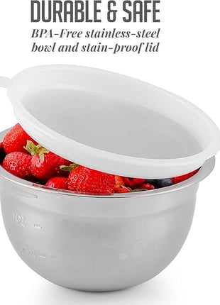 OVENTE Mixing Bowl Set with Lids, 3-Piece Stainless Steel Nesting Bowls for Easy Food Storage, Stackable Design, Kitchen Essential for Baking, Cooking and Prepping, Size 5, 3.5, 1.5QT, Silver BM46333S