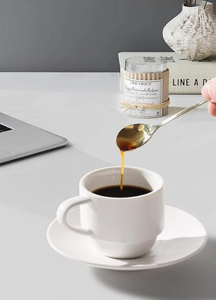 Lareina Porcelain Stackable Espresso Cups with Saucers, Spoons and Metal Stand, 3 Ounce Small Coffee Cups Set of 6 - Ceramic Demitasse Mugs, White