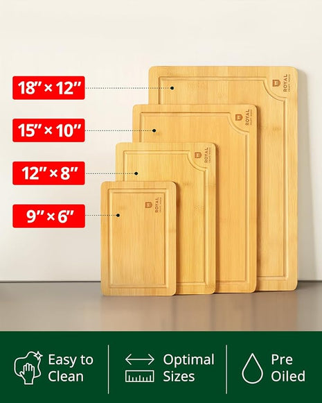 ROYAL CRAFT WOOD Wooden Cutting Boards for Kitchen Meal Prep & Serving - Bamboo Wood Serving Board Set with Deep Juice Groove Side Handles - Charcuterie & Chopping Butcher Block for Meat