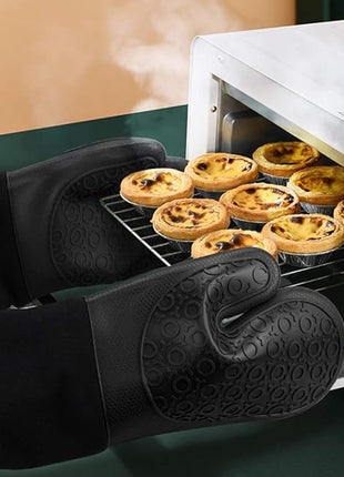 sungwoo Extra Long Silicone Oven Mitts, Heat Resistant Oven Gloves with Quilted Liner Non-Slip Textured Grip Perfect for BBQ, Baking, Cooking and Grilling - 1 Pair 14.6 Inch Black