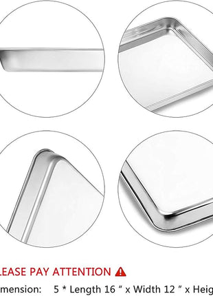 Baking Sheet Set of 5, Stainless Steel 5 Piece Cookie Sheet, Toaster Oven Baking Pan Set, Rectangle Size 16 x 12 x 1 inch, Healthy, Mirror Finish, Rust Free, Dishwasher Safe