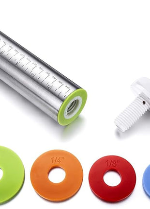 Rolling Pin and Pastry Baking Mat Set, Rolling Pins with Adjustable Thickness Rings, Stainless Steel Dough Roller for Baking Fondant, Pizza, Pie, Pastry, Pasta, Cookies (Blue)