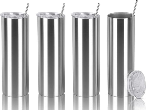 30 Oz Straight Skinny Tumbler Set, Stainless Steel Slim Skinny Travel Tumbler Bulk, Birthday Diy Gift For Women Friends Sisters, 4 Pack, Silver