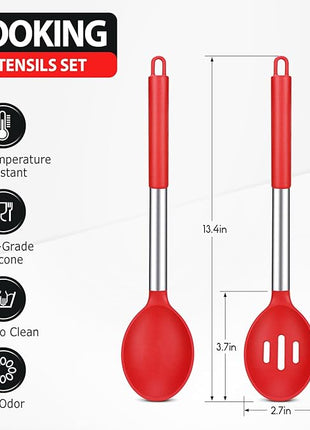 Pack of 2 Large Silicone Cooking Spoons, Non-Stick Stainless Steel Slotted and Solid Spoon Set for Serving, Mixing, Draining, Heat Resistant, Scratch Resistant and BPA Free Kitchen Scoops (Red)