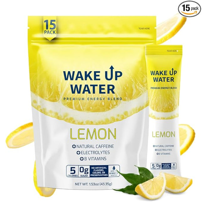 Wake Up Water Energy Drink Mix, Sugar Free Clean Energy Powder with Electrolytes & B Vitamins, Natural Caffeine for Focus & Hydration (15 Pack) - Lemon