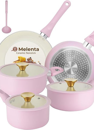 Pots and Pans Set Non Stick, Pink Ceramic Cookware Set, 11-Piece Induction Cookware, Non Toxic Healthy Kitchen Cooking Set, Gold Knobs Lids, Stay-Cool Handles