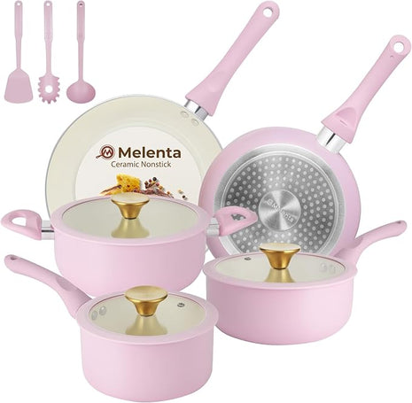 Pots and Pans Set Non Stick, Pink Ceramic Cookware Set, 11-Piece Induction Cookware, Non Toxic Healthy Kitchen Cooking Set, Gold Knobs Lids, Stay-Cool Handles