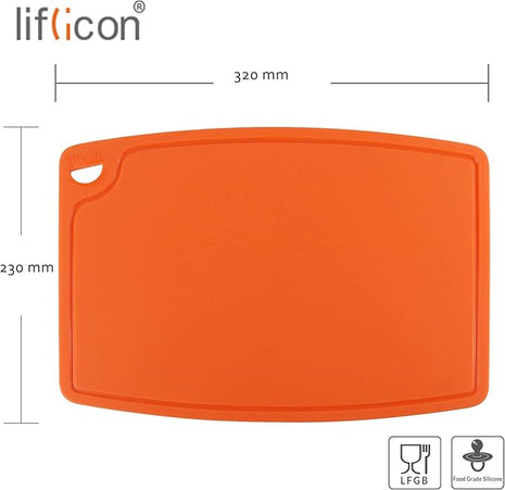 Liflicon Thick Silicone Cutting Board 12.6'' x 9.1'' Juice Grooves Easy Grip Handle Dishwasher Safe-Orange