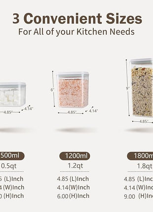Pop Airtight Food Storage Containers Set with Lids, 6 Pcs Stackable One Button Opening Food Containers Kitchen Pantry Organization and Storage, BPA Free Stackable Cereal Container (0.5, 1.2, 1.8qt)*2