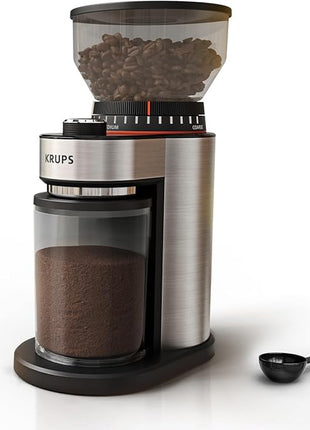 KRUPS Flat Burr Coffee Grinder Electric, 18 Adjustable Grind Settings, 2-20 Cups per Grind, Single Touch, Coffee Bean and Spice Grinder, Stainless Steel, Black