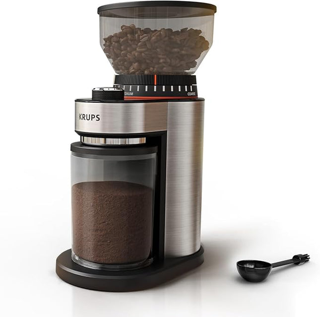 KRUPS Flat Burr Coffee Grinder Electric, 18 Adjustable Grind Settings, 2-20 Cups per Grind, Single Touch, Coffee Bean and Spice Grinder, Stainless Steel, Black