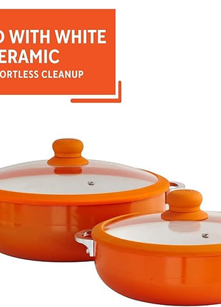 IMUSA USA 2 Piece Orange Ceramic Interior Caldero Set with Orange Silicone Rim and Glass Lid