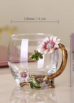 Enamel Sunflower Crystal Lead-Free Glass Tea Cup with Spoon Set, Present for The Christmas, Valentine's Day.Best Present for Mother, Grandma, Girlfriend, Sister.