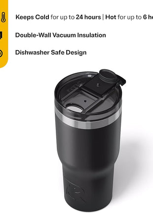 RTIC 20oz Essential Tumbler with Lid, Ceramic Lined, Insulated, Stainless Steel, Metal, Double Wall Vacuum-Insulation, Travel Cup for Iced Coffee, Tea, Hot and Cold Drink, Black