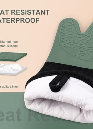 sungwoo Extra Long Silicone Oven Mitts, Heat Resistant Oven Gloves with Quilted Liner Non-Slip Textured Grip Perfect for BBQ, Baking and Cooking - 1 Pair 14.6 Inch Midnight Green & Black