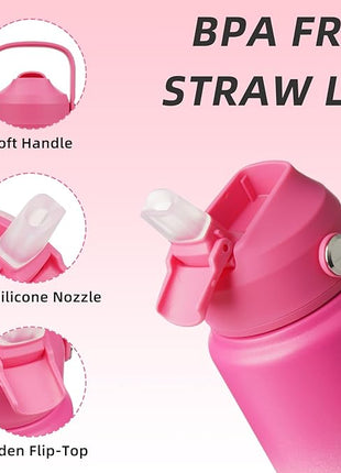 BJPKPK Water Bottle with Straw Lid, 24oz Vacuum Insulated Water Bottles, Metal Stainless Steel Thermo for Sports, Travel, BPA Free Leak Proof Thermo, Cups, Flasks, Tumblers,Cherry