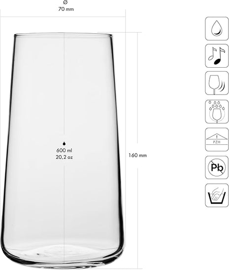 Krosno Water Glasses, Set of 6, Capacity 20 fl oz, Infinity Collection, Thin Highball Glasses,Clear Tall Glass Cups For Water, Juice, Drinks, and Cocktails, Dishwasher Safe, Made in Europe