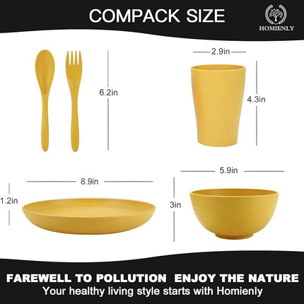 Wheat Straw Dinnerware Sets, Homienly 20pcs Unbreakable Microwave Dishwasher Safe Tableware Lightweight Bowls, Cups, Plates Set Reusable Dinner Plates Bowls set (Yellow)