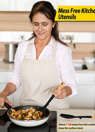 Pack of 4 Silicone Kitchen Utensils Set, Non Stick Solid Spatulas and Heat Resistant Slotted Spoons with Wooden Handle, Ideal BPA Free Cooking Utensils for Mixing,Serving,Turning,Stirring(BLACK)