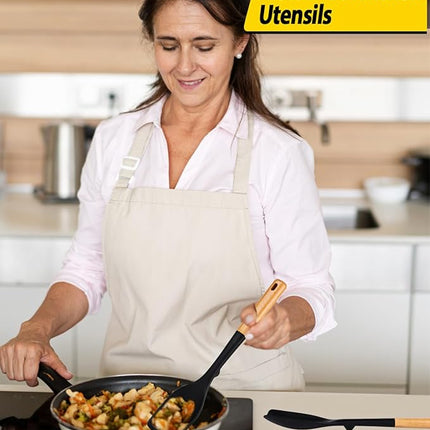 Pack of 4 Silicone Kitchen Utensils Set, Non Stick Solid Spatulas and Heat Resistant Slotted Spoons with Wooden Handle, Ideal BPA Free Cooking Utensils for Mixing,Serving,Turning,Stirring(BLACK)