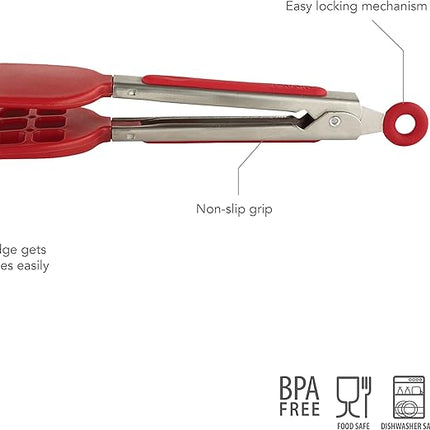 Tovolo Waffle Tongs Mini Silicone Kitchen Tongs for Cooking Serving Flat Stainless Steel Small Tongs with Silicone Tips for Salads Belgian Waffles Air Fryer Appetizers Dishwasher Safe Cayenne Red