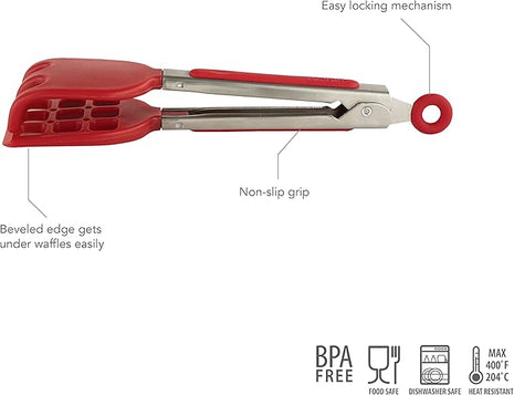 Tovolo Waffle Tongs Mini Silicone Kitchen Tongs for Cooking Serving Flat Stainless Steel Small Tongs with Silicone Tips for Salads Belgian Waffles Air Fryer Appetizers Dishwasher Safe Cayenne Red