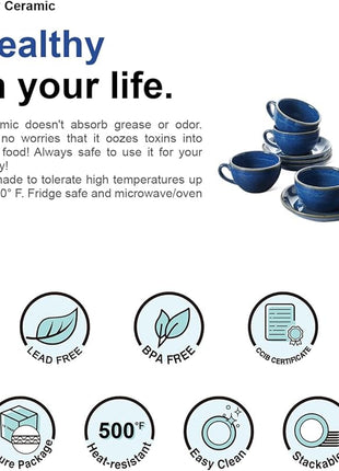 LE TAUCI 8 oz Cappuccino Cups with Saucers, Ceramic Large Coffee Cup for Au Lait, Double shot, Latte, Cafe Mocha, Tea - Set of 4, Ceylon Blue