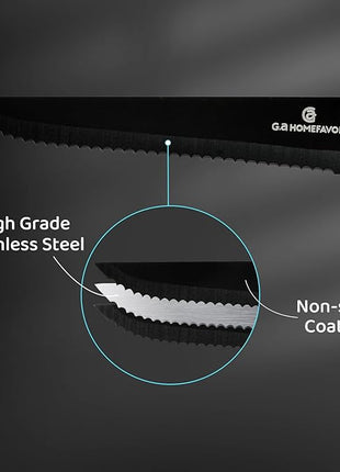 G.a HOMEFAVOR Steak Knife Set: 8-Piece Stainless Steel Sharp Serrated Knives Set for Kitchen, Full Black