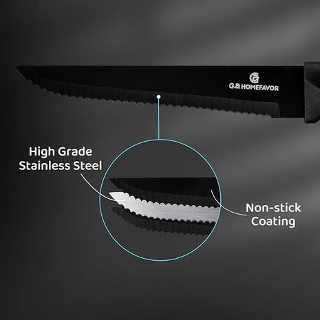 G.a HOMEFAVOR Steak Knife Set: 8-Piece Stainless Steel Sharp Serrated Knives Set for Kitchen, Full Black