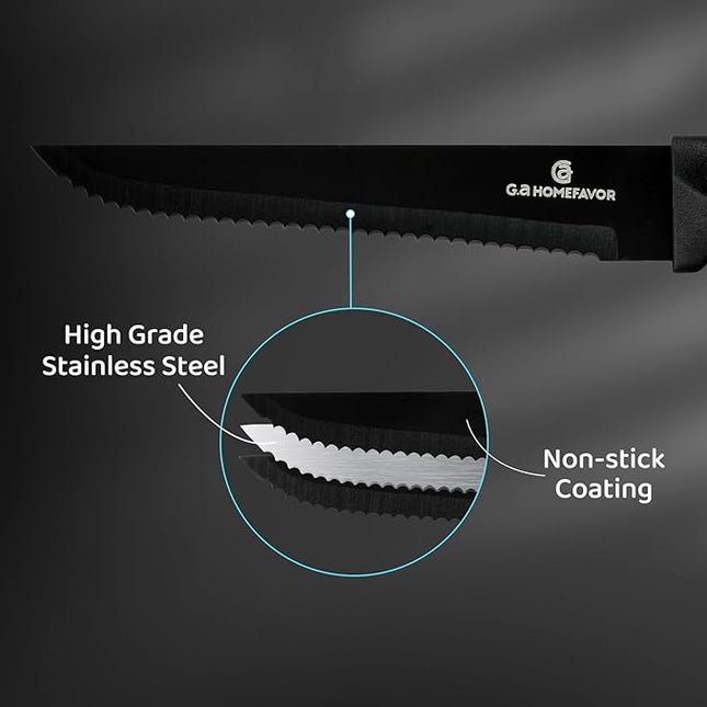 G.a HOMEFAVOR Steak Knife Set: 8-Piece Stainless Steel Sharp Serrated Knives Set for Kitchen, Full Black