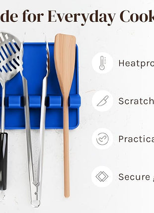 Blue Silicone Spoon Rest for Stove Top with Drip Pad (Two Pack) - Heat Resistant BPA Free Utensil Rest & Spoon Holder for Kitchen Counter - Grill Utensil Holder - Spatula Holder, Tongs, Ladle