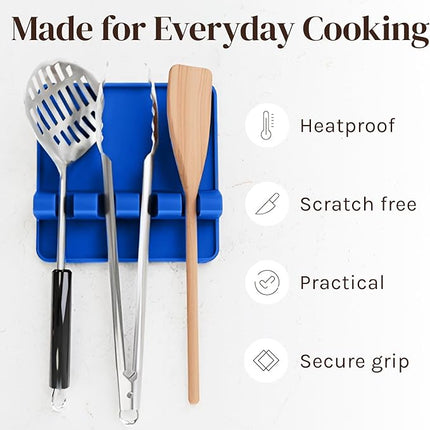 Blue Silicone Spoon Rest for Stove Top with Drip Pad (Two Pack) - Heat Resistant BPA Free Utensil Rest & Spoon Holder for Kitchen Counter - Grill Utensil Holder - Spatula Holder, Tongs, Ladle