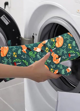 Oven Mitts Cotton Fashion Cute Fox Design 1 pair Heat Resistant Oven Gloves Safe Cooking Baking Grilling Barbecue Machine Washable (fox, oven mitts)