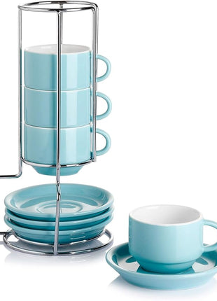 Sweese 4 Ounce Porcelain Stackable Espresso Cups with Saucers and Metal Stand Set of 4, Turquoise