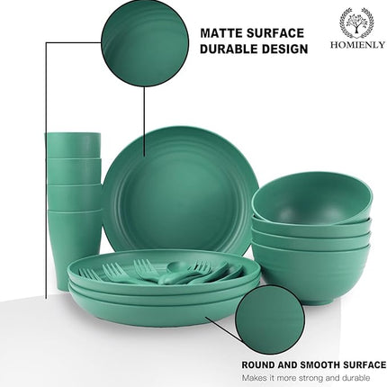 Wheat Straw Dinnerware Sets, Homienly 20pcs Unbreakable Microwave Dishwasher Safe Tableware Lightweight Bowls, Cups, Plates Set Reusable Dinner Plates Bowls set (Green)