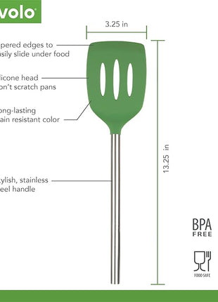 Tovolo Silicone Slotted Turner With Stainless Steel Handle, Pancake Spatula, Scratch-Resistant Kitchen Utensil for Nonstick Cookware & Cast Iron Skillets, Pesto, 1 Count