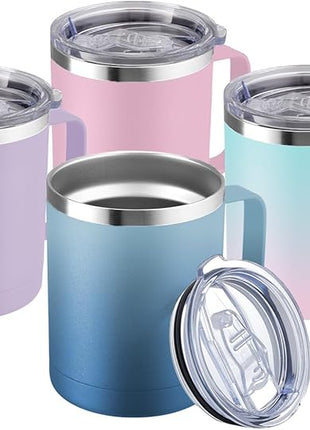 MEWAY 12oz Coffee Mug With Handle 2 Pack Bulk,Stainless Steel Insulated Travel Tumblers With Sliding Lid,Double Wall Vacuum Camping Cup for Hot & Cold Drinks Tea (Bubble Gum&Blue Waves,Set of 4)