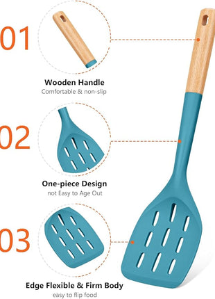 Pack of 2 Silicone Spatula, Non Stick Cooking Utensil Set Wooden Handle Kitchen Turner for Baking Mixing Grilling Serving Food Heat Resistant Non Scratch Hooks Included (Blue)